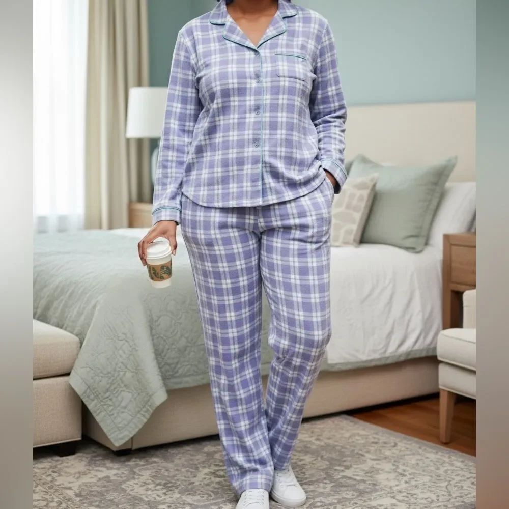 Adonna Womens Purple & Blue Plaid Fleece Pajamas Button Front Sleepwear Set